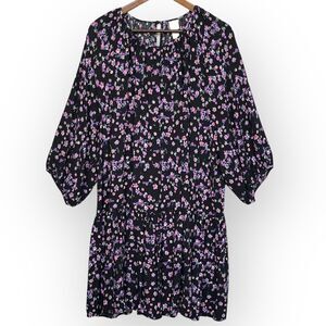 H&M Mini Dress Women Size XXL Black Floral Keyhole Viscose Half Puff Sleeve Boho